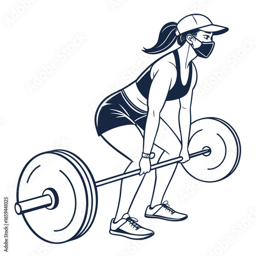 Woman wearing a face mask and cap lifting a barbell during a workout