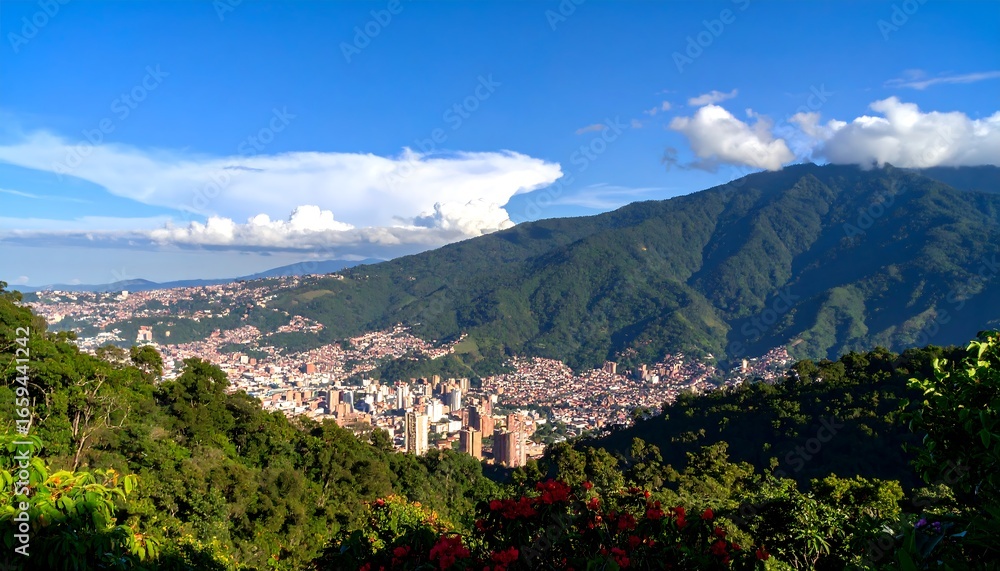 Obraz premium City nestled in mountains under a clear blue sky
