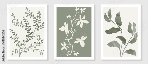 Abstract botanical poster vector set. Leaves, flower with watercolor and grain texture in earth tone colors. Illustration design for Eco packaging, interior, cover, wall art, wallpaper.