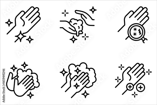 hygiene icon set, disease prevention. Healthcare wash hands with soap, antibacterial icon on white background