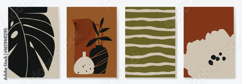 Abstract botanical poster vector set. Leaves, flower, vase with watercolor and grain texture in earth tone colors. Illustration design for Eco packaging, interior, cover, wall art, wallpaper.