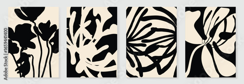 Abstract botanical poster vector set. Leaves, flower with watercolor and grain texture in monochrome. Illustration design for Eco packaging, interior, cover, wall art, wallpaper.