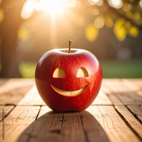 Creative Halloween decoration with a smiling carved apple during golden hour
