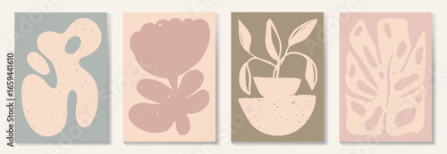 Abstract botanical poster vector set. Leaves, flower, vase with watercolor and grain texture in earth tone colors. Illustration design for Eco packaging, interior, cover, wall art, wallpaper.