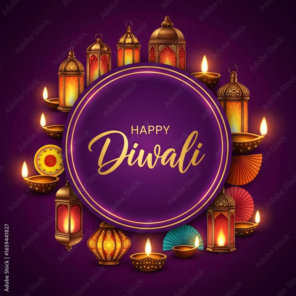 Naklejka premium Festive diwali celebration with glowing lanterns and traditional diya oil lamps on a dark purple background