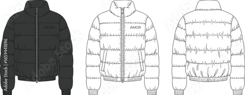 Women’s puffer jacket technical flat sketch, front and back view, fashion vector illustration, zipper closure winter outerwear design template