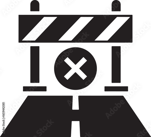 Road Closed Barrier Icon with Cross Mark – Traffic Block Warning Symbol