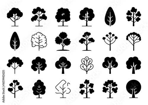 Collection of Diverse Tree Icons in Black and White Silhouette