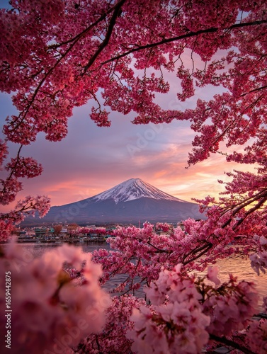 Pink cherry blossoms frame Mt. Fuji sunrise