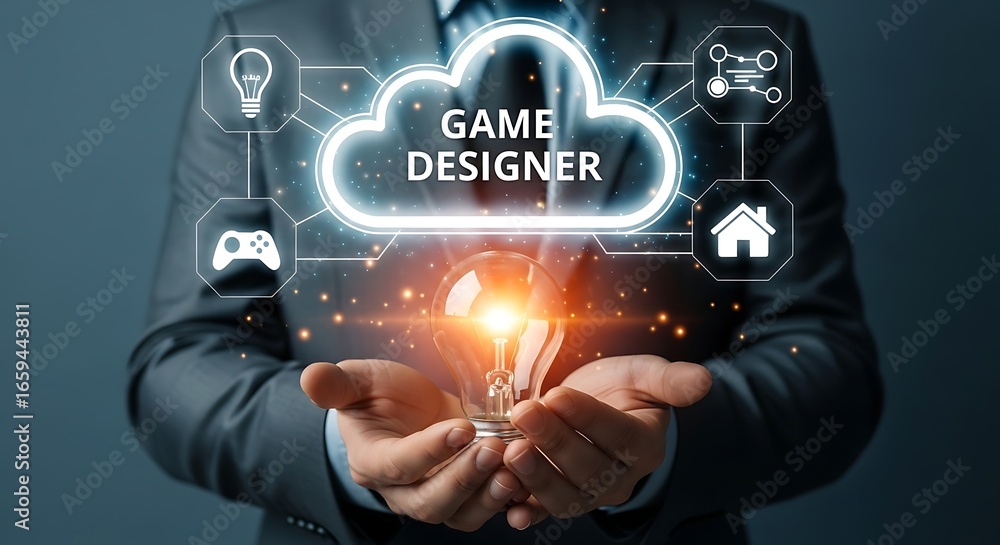 Obraz premium Game Designer Conceptual Image Showcasing Innovative Ideas and Cloud Technology for Development with a Businessman in a Suit