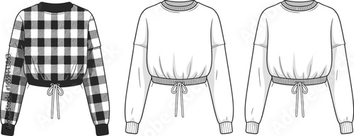 Women’s drawstring cropped sweatshirt flat sketch, fashion technical illustration, long sleeve pullover top with ribbed cuffs, vector design template