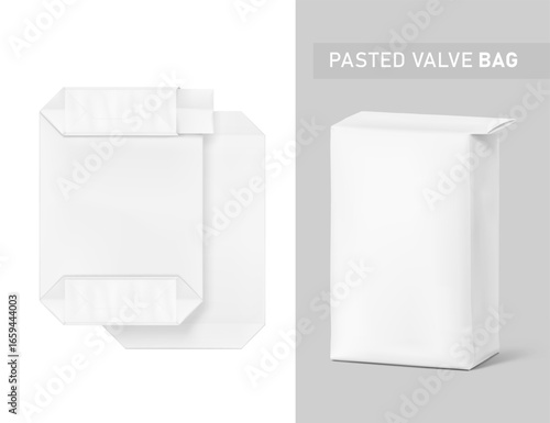 Folded pasted valve bag mockup. High realistic. Vector illustration isolated on white and grey background. Ready for use in presentation, promo, advertising and more. EPS10.