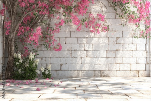 White brick wall adorned with vibrant pink flowering vines and white blooms, creating a sun-drenched, idyllic scene