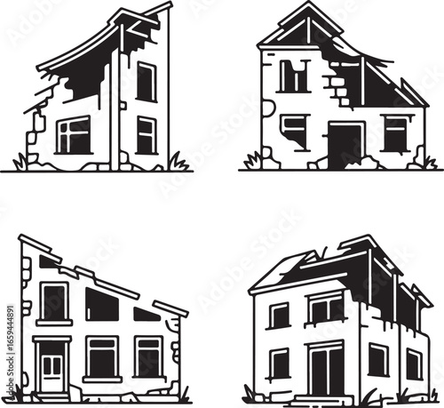Abandoned Building Line Art Icons Cracked Walls, Broken Windows, Tilted Roof, Debris Details, Eroded Facade
