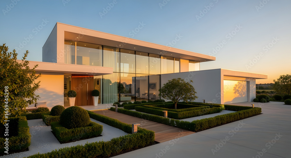 Modern house exterior with garden and walkway during daytime view Modern house exterior with garden and walkway during daytime view