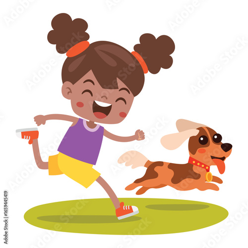 Cartoon Kid Playing With Dog