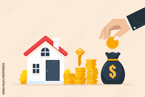 A hand putting coins into a money bag near a house and coins
