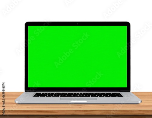 Wallpaper Mural Silver laptop with green screen sits on wooden surface Torontodigital.ca