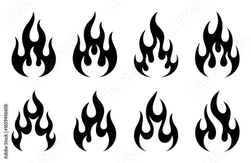 Collection of Stylized Black Flame Icons on White Background