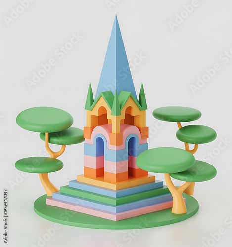 Colorful 3D Temple or Monument Icon – Cartoon Style Landmark with Trees and Pastel Steps