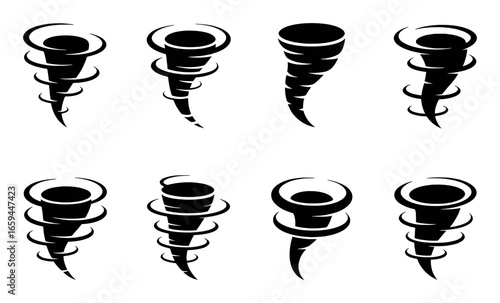 Collection of Stylized Tornado Icons in Black and White