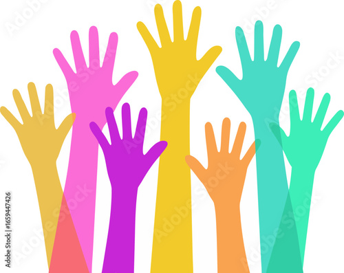 A group of colorful hands raised in celebration with star decorations above them