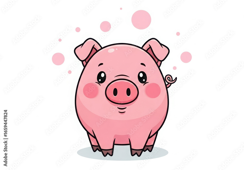 Fototapeta premium Adorable cartoon pig with pink cheeks and curly tail
