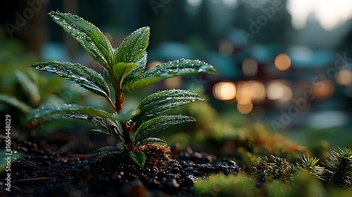 Fresh seedling sprouting in morning forest light high resolution photo