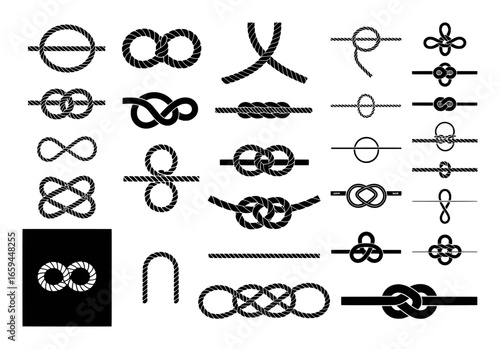 Collection of Various Rope Knots and Hitches Illustrated on White Background