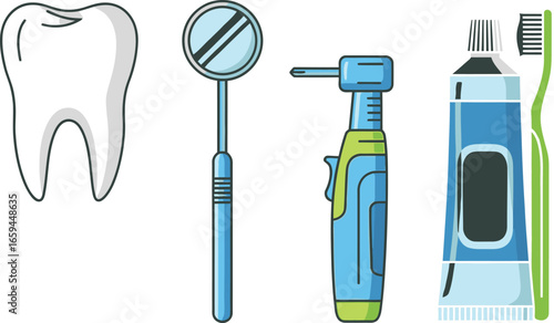 Illustration featuring a tooth, dental mirror, drill, toothpaste, and toothbrush, representing dental care.