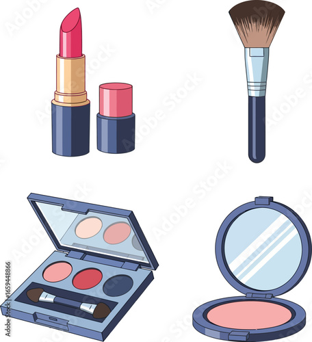 Cartoon illustration of various makeup items, including lipstick, brush, and eyeshadow.