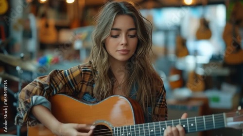Young musician performs acoustic music in a cozy guitar shop during an afternoon session