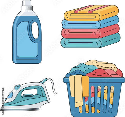 Laundry essentials: detergent, iron, towels, and a basket of clothes ready for washing or ironing.