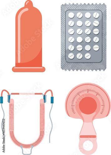 Vector illustration of contraception methods including condom and pills, various tools.