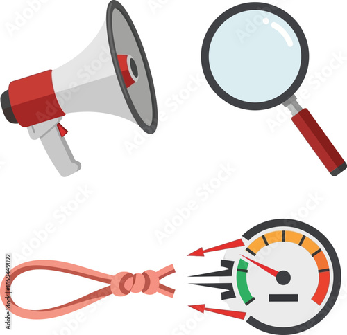 Illustration featuring a megaphone, magnifying glass, a knot untying, and a speedometer.