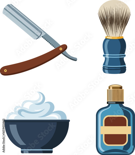 Vintage barber shop tools and shaving supplies illustrated.