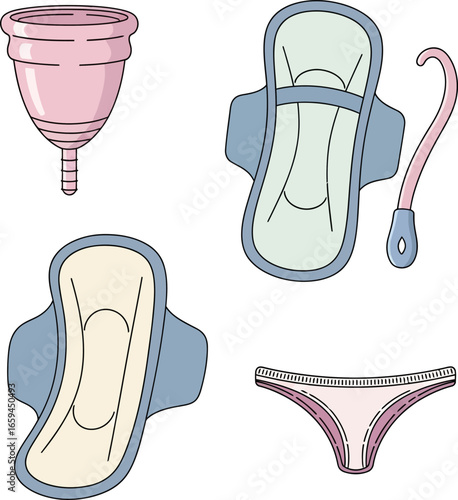 Illustration of feminine hygiene products, including menstrual cup, pads, and underwear.