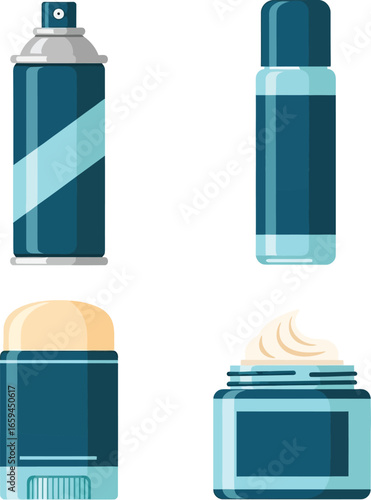 A collection of four personal care product containers: spray can, lotion bottle, deodorant stick, and cream jar.