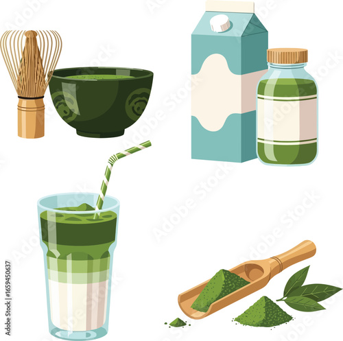 Matcha tea preparation:  powder, whisk, bowl, milk carton, and iced matcha latte.