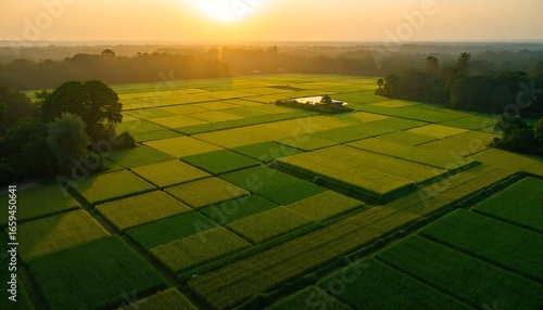 	
“Aerial view of rice fields in India glowing green at sunrise.”	
