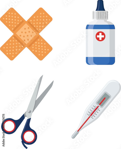 First-aid kit essentials: bandages, antiseptic, scissors, thermometer.