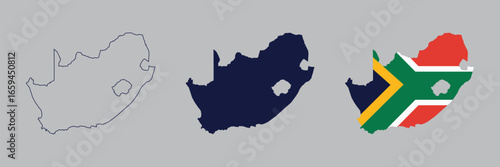 South Africa map vector set with outline, solid, and national flag fill design. Perfect for travel, education, and geography projects. Modern cartographic illustration for global use.