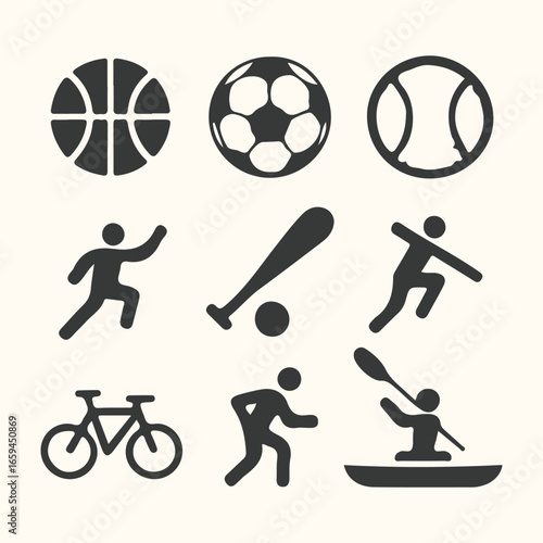 A set of sports icons featuring soccer, football, and various athletes in action