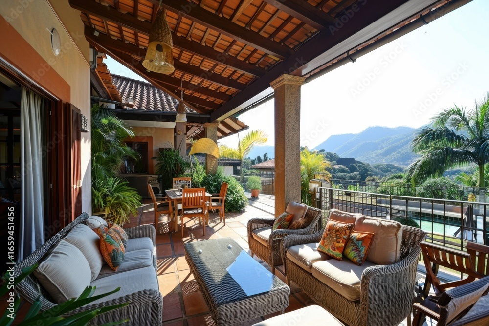 Fototapeta premium A cozy and stylish terrace interior, an open area on the street or roof, the perfect place for relaxation and cozy evenings