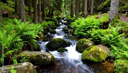 A tranquil mountain stream flows through a lush forest