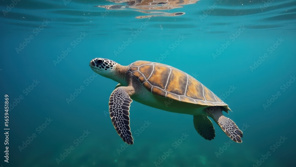 Fototapeta premium A captivating sea turtle glides gracefully through the vibrant turquoise depths, showcasing its intricate shell patterns and serene underwater posture.
