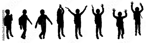 Silhouettes of active schoolboy walking, jumping and applauding. Set. Back to school. Vector illustration