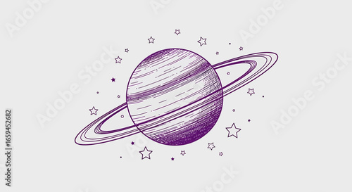 Hand-Drawn Depiction of a Planet with Rings and Stars