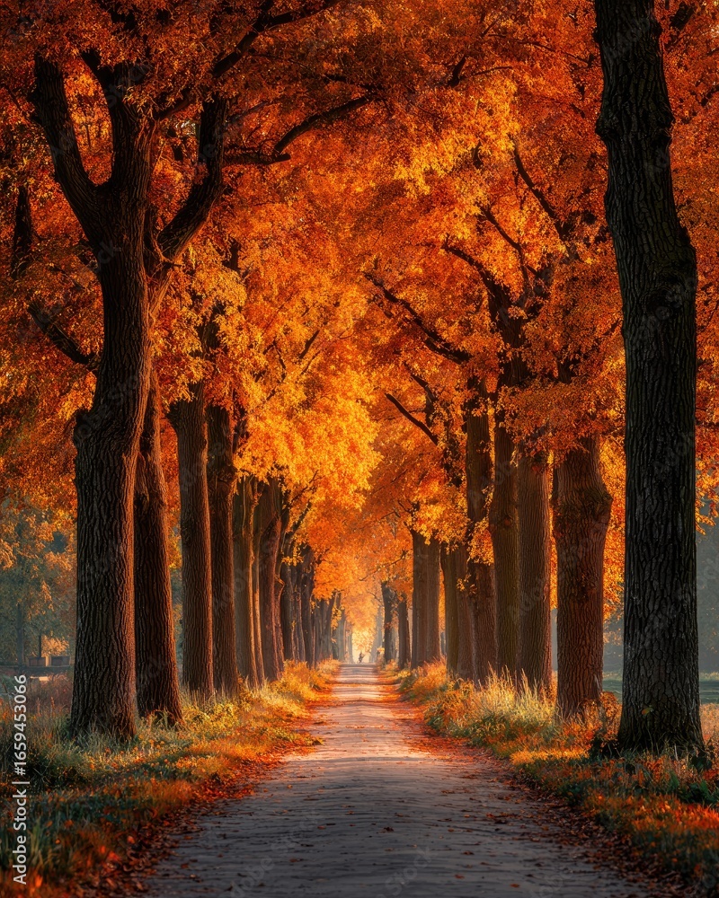 Fototapeta premium Autumn walk through a tree-lined pathway vibrant fall foliage nature scene peaceful environment captured perspective seasonal beauty