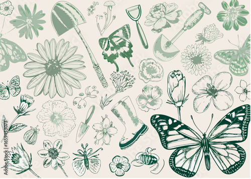 Collection of hand drawn garden elements including flowers butterflies and gardening tools in green shades